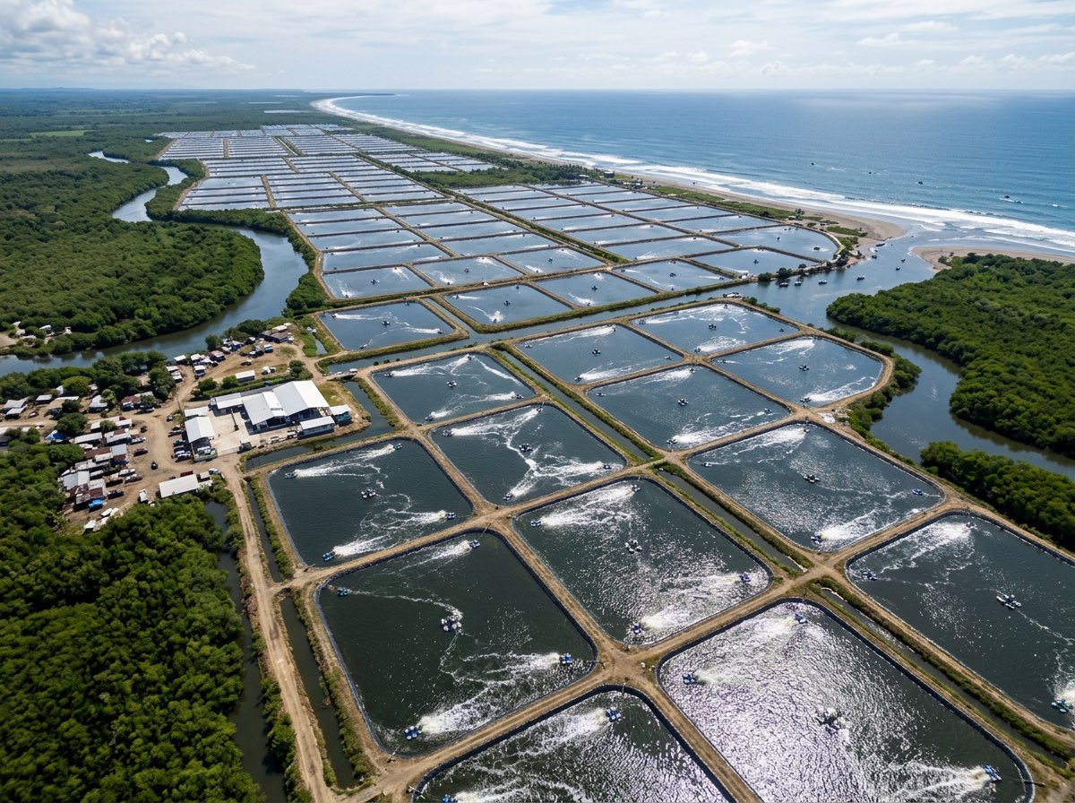 Large white shrimp aquaculture farm in Ecuador coastal area