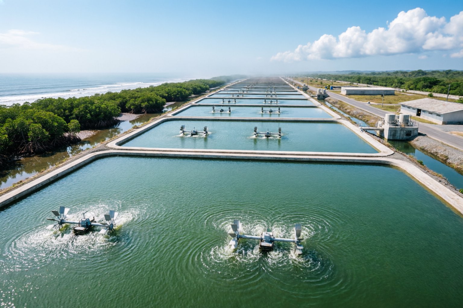 Massive white shrimp farm expansion in Ecuador with hundreds of ponds and aerators
