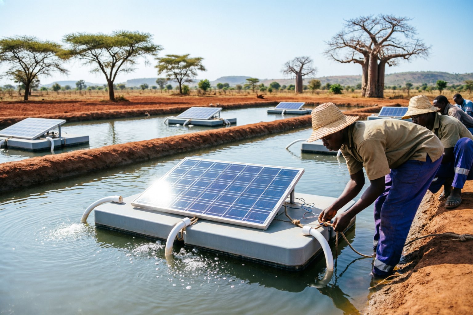 Solar-powered aerators in Nigerian fish farm with African farmers