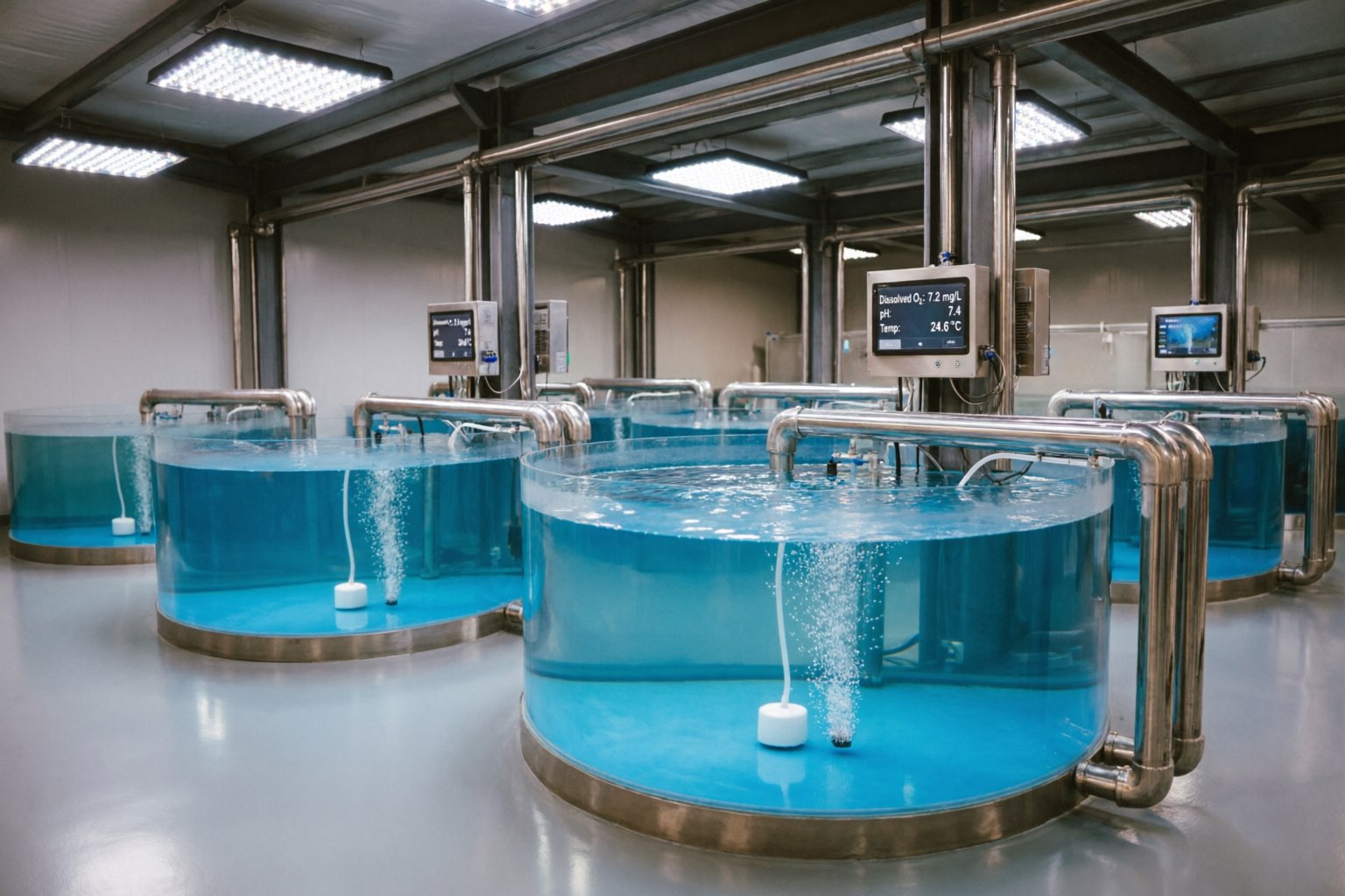 Modern indoor recirculating aquaculture system with circular tanks and control panels in Saudi Arabia