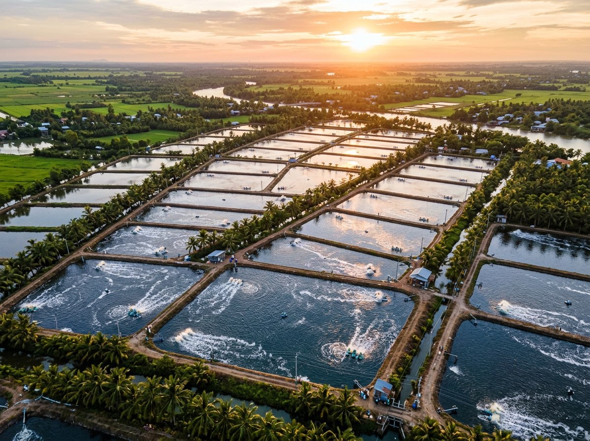 Intensive shrimp farm in Vietnam Mekong Delta with paddle wheel aerators