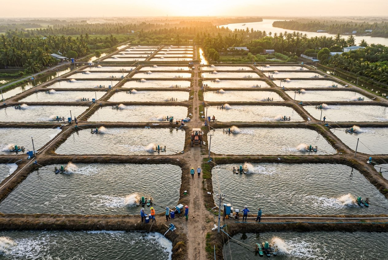 Intensive shrimp farm in Vietnam Mekong Delta with multiple paddle wheel aerators running at sunrise