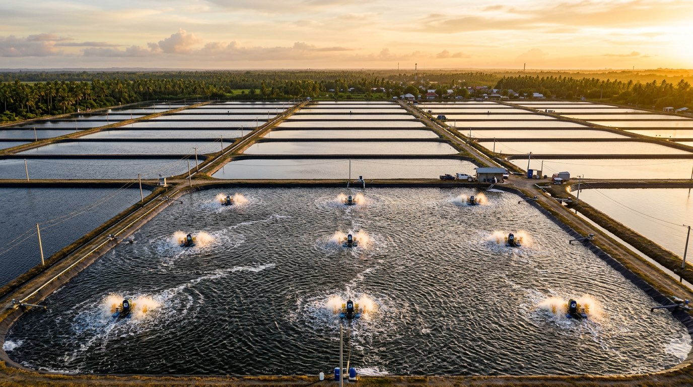 Multiple paddle wheel aerators working in a large commercial aquaculture pond at sunrise