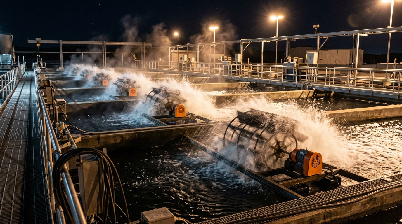 Aquaculture aerators running at night with dramatic water splashes
