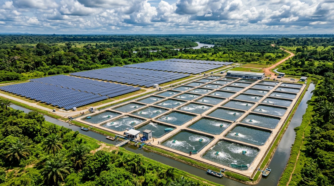 Solar-powered aquaculture farm with aerators in Africa