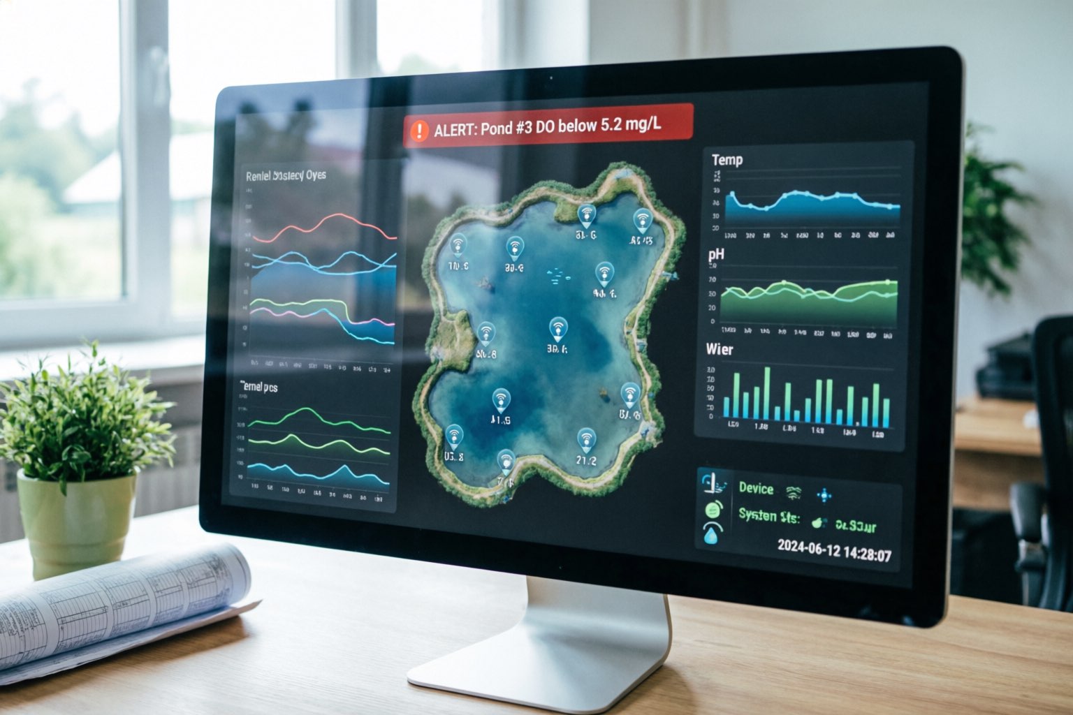 IoT dashboard showing dissolved oxygen levels across multiple ponds