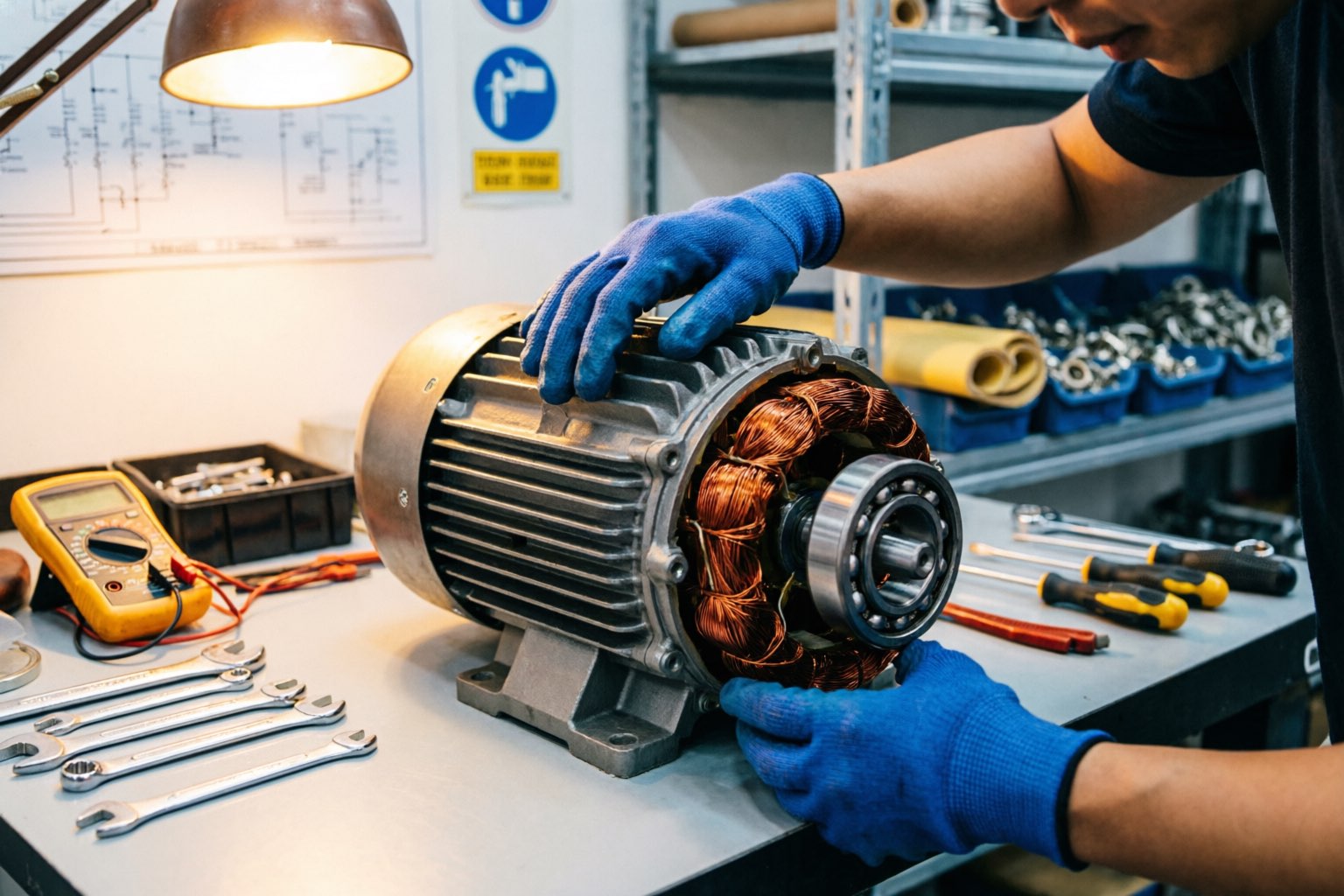 Technician maintaining aerator motor