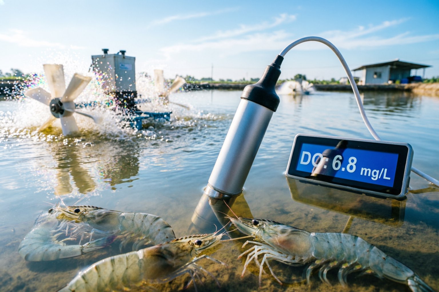 Shrimp pond with dissolved oxygen monitoring system