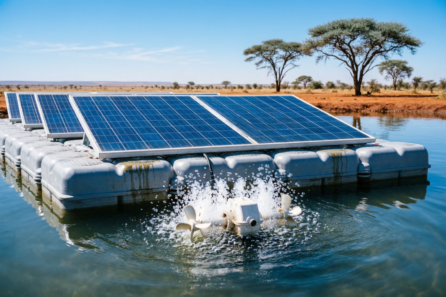 Solar panels powering aerators in African fish farm
