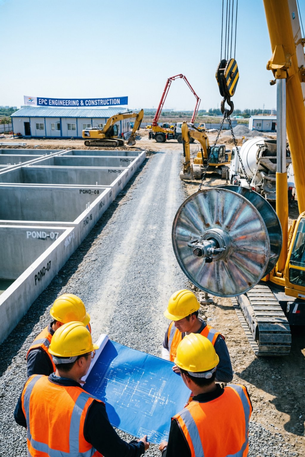 Large-scale aquaculture facility construction project with engineers