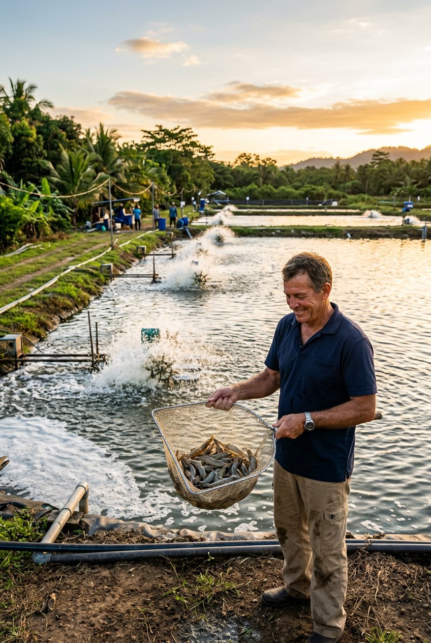 Successful aquaculture farm owner with healthy shrimp harvest